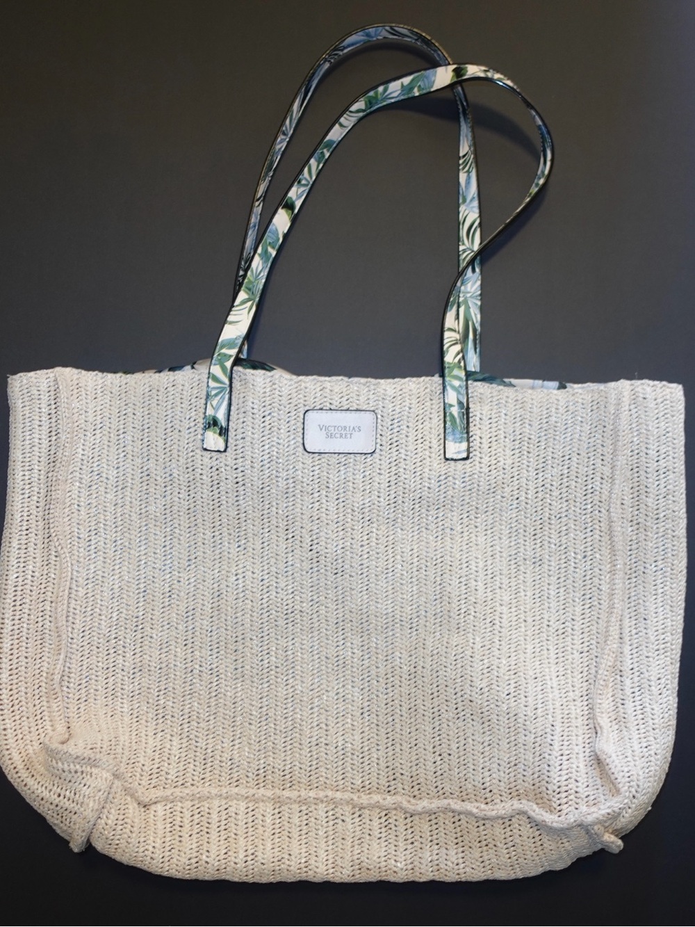 Victoria's Secret Cream Woven Tote with Tropical-Print Handles